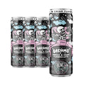 Four Cookies N’ Dreams latte cans. The art on the can shows a skeleton in a bed holding a tub of ice cream in one hand and a cookie in the other hand on its art. Its flavor is cookies and cream.