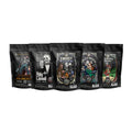 There are five four-ounce bags of coffee from Bones Coffee Company. From left to right their names are Army of Dark Chocolate, Holy Cannoli, S’morey Time, Salty Siren, and Highland Grog.
