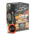 A box of Bones Coffee Frosted Pumpkin Roll Bones Cups flavored coffee. Its flavor is frosted pumpkin roll, and it has skeletal hands cutting into a pumpkin roll on a table with pumpkins in the background on the art.