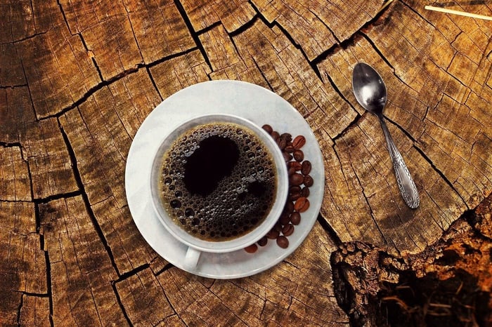 coffee cup on rustic, wooden surface