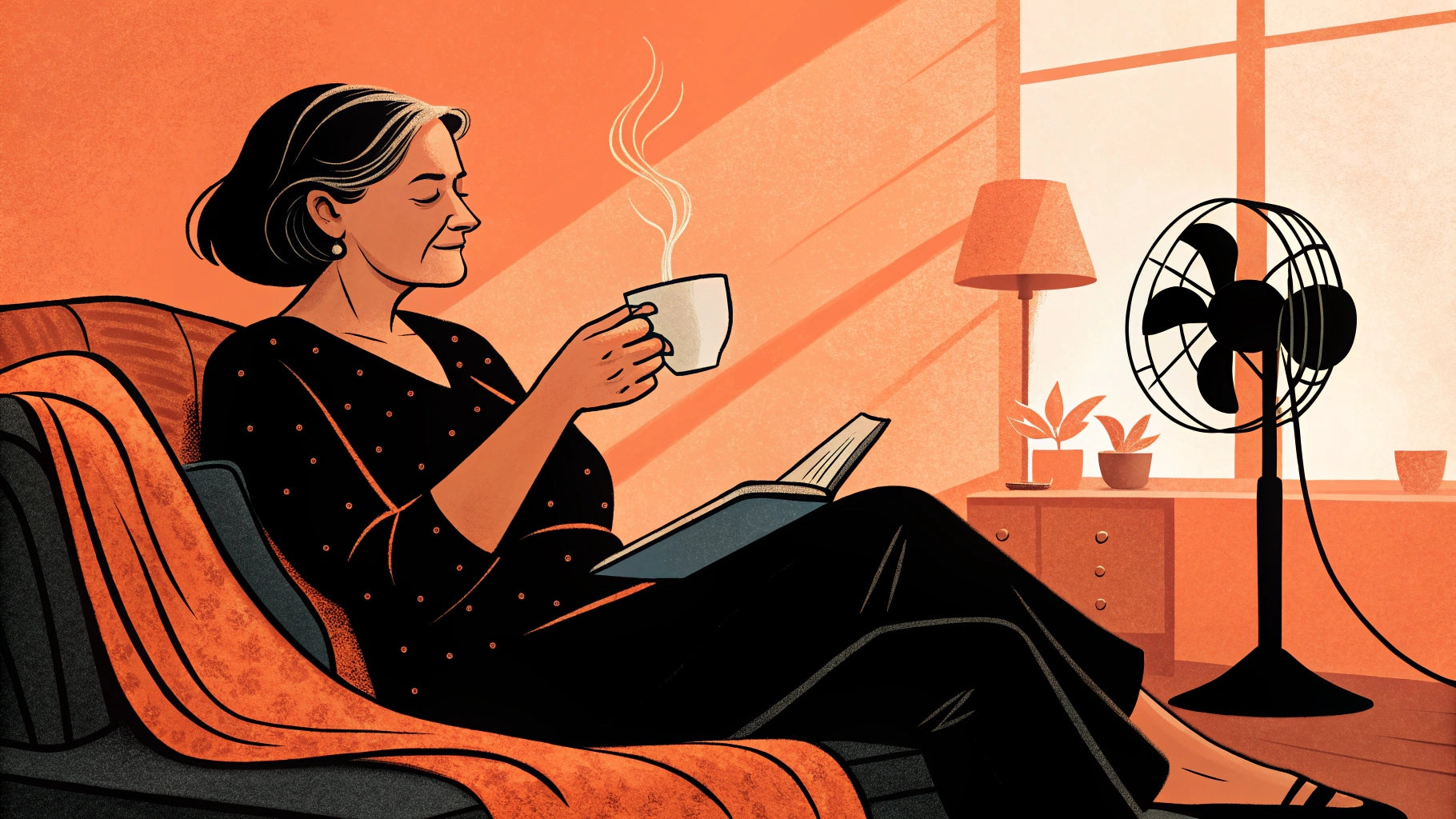 woman relaxing with coffee and book by window fan