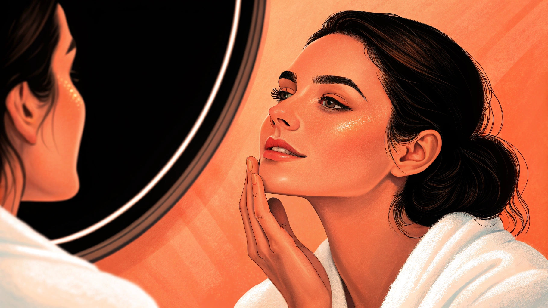 woman admiring her glowing skin in bathroom mirror reflection