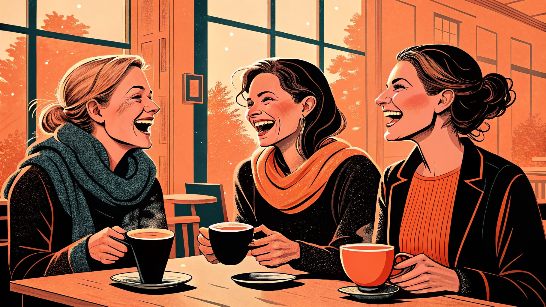 three women drinking coffee and laughing in cozy cafe