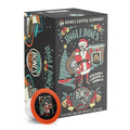 The front of the Bones Coffee Company Jingle Bones 12 Count Bones Cups box. Its flavor is vanilla, coconut, and caramel. It has a skeleton dressed as Santa and an elf standing in a living room with a Christmas tree on its art.