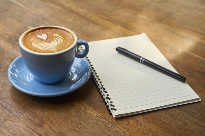 Coffee with latte art, notebook, and pen.