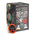 A box and Bones cup of flavored coffee named Red Velvet. Its flavor is red velvet, and its art shows a skeleton with wings aiming a bow and arrow on it.