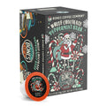 The front of the Bones Coffee Company White Chocolate Peppermint Bark 12 Count Bones Cups box. Its flavor is white chocolate peppermint bark, and it has a skeleton dressed up as Santa carrying a large green sack on its back inside a field of peppermint canes on its art.