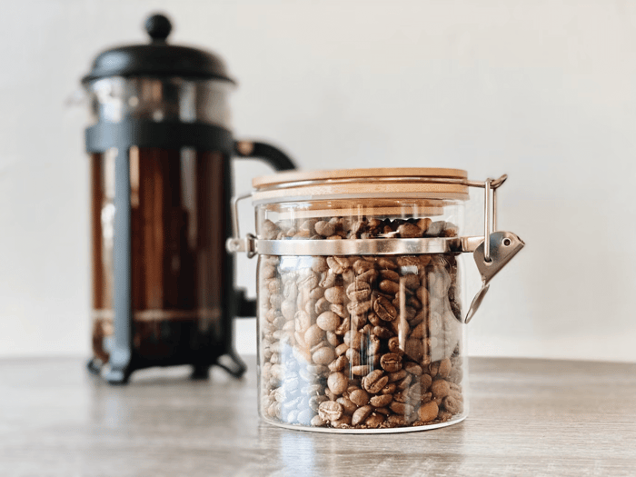 coffee beans in a clear glass jar